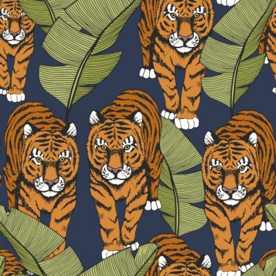 Tiger in tropical leaves. Seamless pattern with tiger and banana leaves