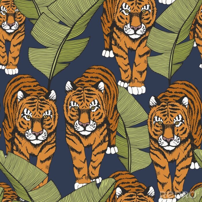Tapete Tiger in tropical leaves. Seamless pattern with tiger and banana leaves
