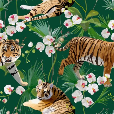 Tapete Tiger in tropischen Blumen und Palmblättern Hintergrund, nahtlose Muster in Vektor