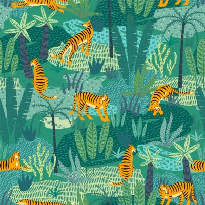 Tapete Tiger und grüne Palmblätter
