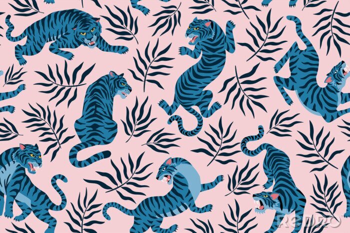 Tapete Tigers and tropical leaves. Trendy illustration. Abstract contemporary seamless pattern.