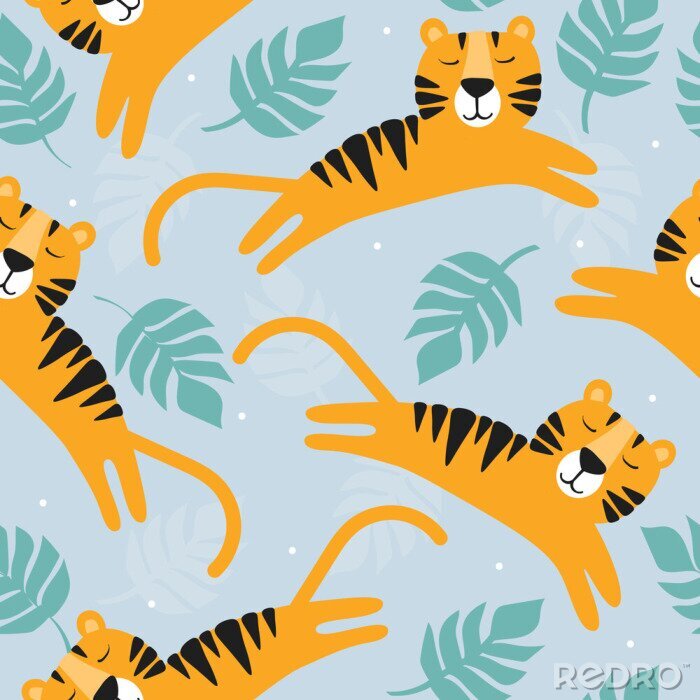 Tapete Tigers, leaves, hand drawn backdrop. Colorful seamless pattern with animals. Decorative cute wallpaper, good for printing. Overlapping background vector. Design illustration