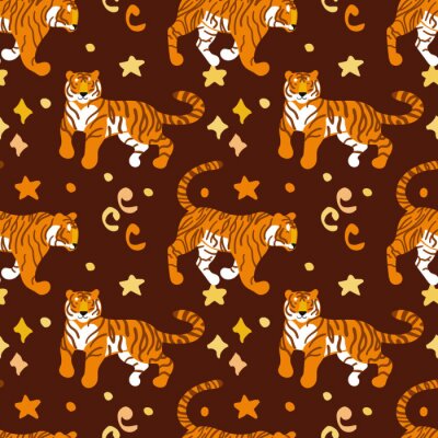 Tapete Tigers. Vector hand drawn seamless pattern. Ornament with predators. Wild cats background.