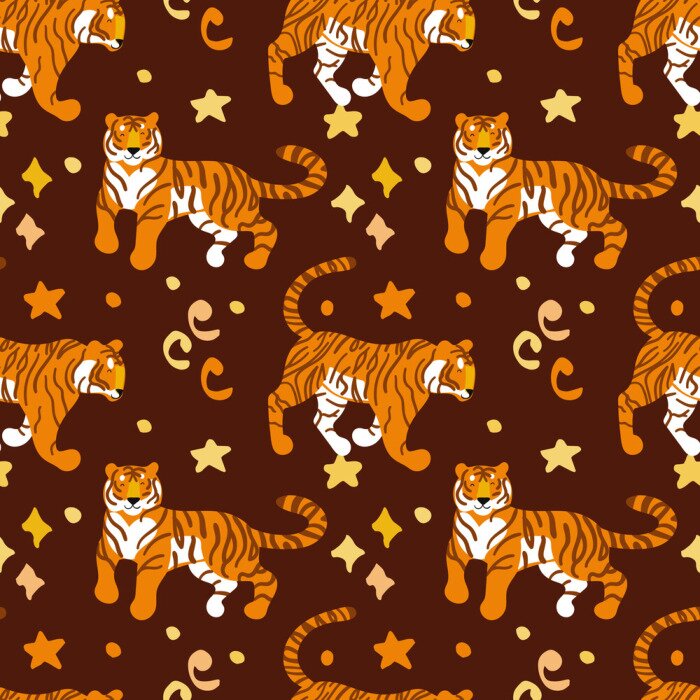 Tapete Tigers. Vector hand drawn seamless pattern. Ornament with predators. Wild cats background.