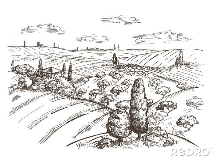 Tapete Toskana mit Bleistift gezeichnete Landschaft