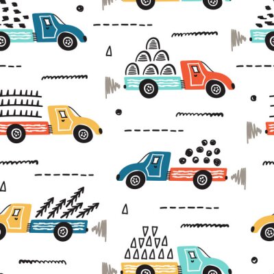 Tapete Toy Cars Vector Seamless Pattern with Doodle Dump Trucks. Cartoon Transportation Background for Kids. 
