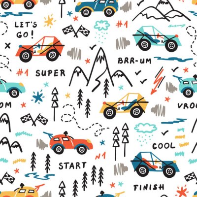 Tapete Toy Racing Cars Vector Seamless Pattern with Doodle Buggy Car and Highlands. Cartoon Transportation Background for Kids.