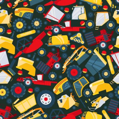 Tapete Tractor, truck car, big worker machine seamless pattern, flat vector illustration. Mechanical engineering, machinery, transporter. Wrapping design paper, packaging, banner for harvest technics.