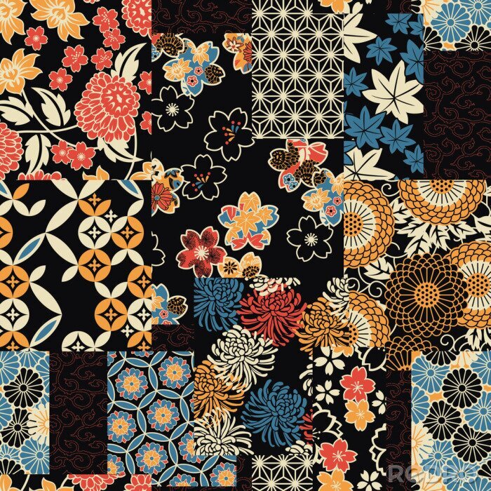 Tapete Traditional Japanese textile fabric patchwork wallpaper  abstract floral vector seamless pattern