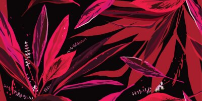 Trendy Blumen nahtloses Muster. Rosa und rote Blätter auf einem schwarzen Hintergrund. Handgezeichnete Vektorillustration