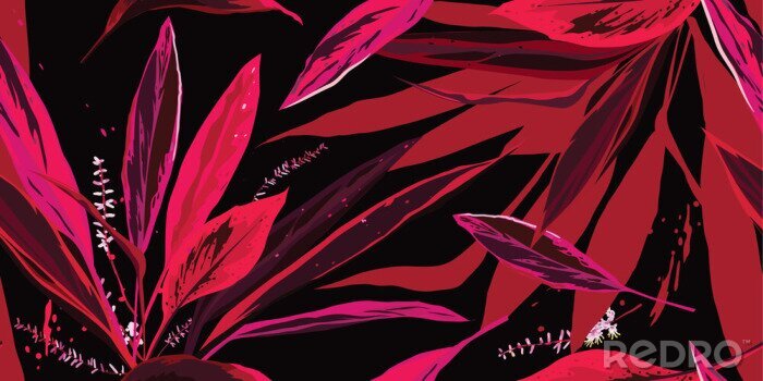 Tapete Trendy Blumen nahtloses Muster. Rosa und rote Blätter auf einem schwarzen Hintergrund. Handgezeichnete Vektorillustration