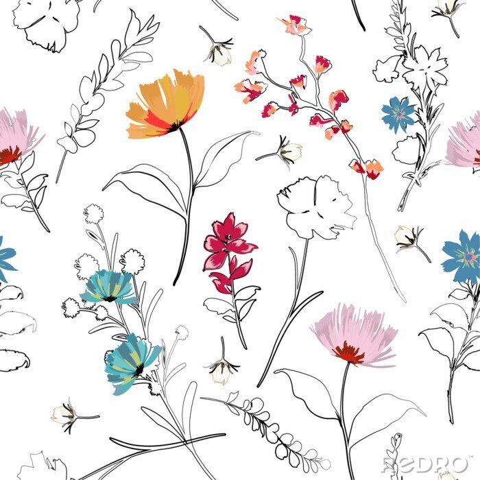 Tapete Trendy bright Summer blooming garden outline and hand painting flowers many kind of floral in seamless pattern vector illustration