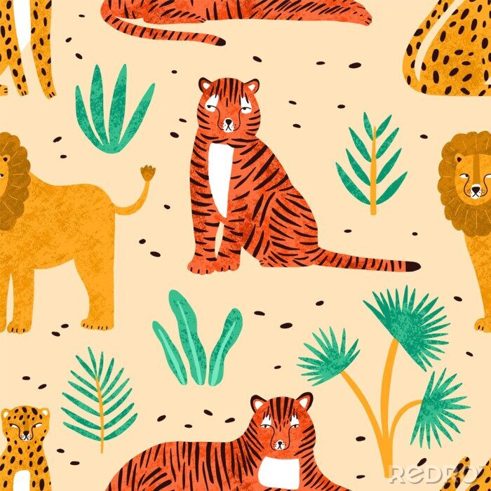 Tapete Trendy seamless pattern with hand drawn lions, tigers, leopards and leaves of tropical plants on light background. Backdrop with cute wild exotic predators. Colorful vector illustration in flat style.