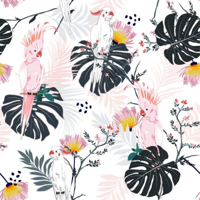 Tapete Trendy Sommer tropischer Blumendruck. Papageienvogel im Dschungel und Blumen im exotischen Wald allover Design, nahtloser Mustervektor für Mode, wallpaoer und alle Drucke