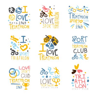 Tapete Triathlon Fans und Fans Club für Menschen, die Liebe Sport Set von bunten Promo Sign Design-Vorlagen
