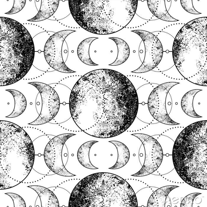 Tapete Triple moon pagan Wicca moon goddess symbol. Three-faced Goddess: Maiden – Mother – Crone vector illustration. Tattoo, astrology, alchemy, boho and magic symbol. Seamless pattern.