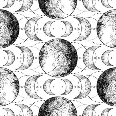 Tapete Triple moon pagan Wicca moon goddess symbol. Three-faced Goddess: Maiden – Mother – Crone vector illustration. Tattoo, astrology, alchemy, boho and magic symbol. Seamless pattern.