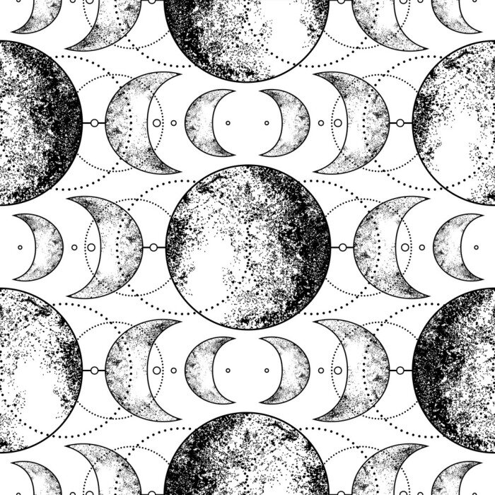Tapete Triple moon pagan Wicca moon goddess symbol. Three-faced Goddess: Maiden – Mother – Crone vector illustration. Tattoo, astrology, alchemy, boho and magic symbol. Seamless pattern.