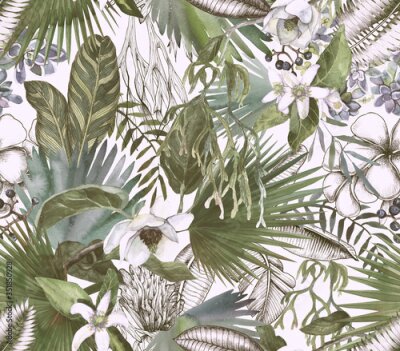Tapete Tropical black and white print with watercolor color spots. Tropical background with flowers and leaves.