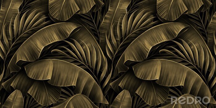 Tapete Tropical exotic seamless pattern. Grunge golden banana leaves, palm. Hand-drawn dark vintage 3D illustration. Nature abstract background design. Good for luxury wallpapers, cloth, fabric printing.
