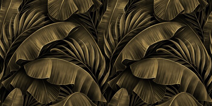 Tapete Tropical exotic seamless pattern. Grunge golden banana leaves, palm. Hand-drawn dark vintage 3D illustration. Nature abstract background design. Good for luxury wallpapers, cloth, fabric printing.