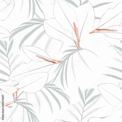 Tapete Tropical ficus elastica branches and palm leaves, hand drawn seamless pattern. Botanical trendy design in grey colors. Design for fabric, wallpaper or wrap papers.