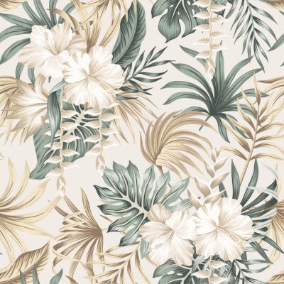 Tapete Tropical floral foliage palm leaves, hibiscus flower seamless pattern beige background. Exotic jungle wallpaper.