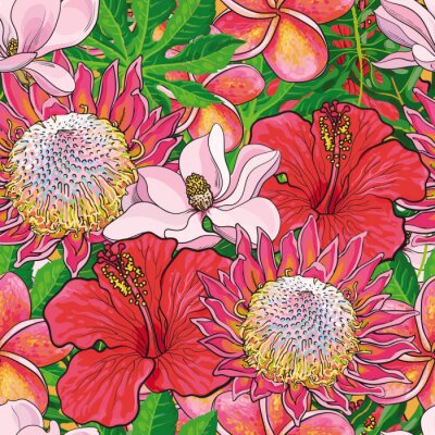 Tapete Tropical flowers seamless pattern with hand drawn exotic blooms of hibiscus, protea, magnolia and plumeria with green palm leaves. Colorful floral vector illustration in sketch style.
