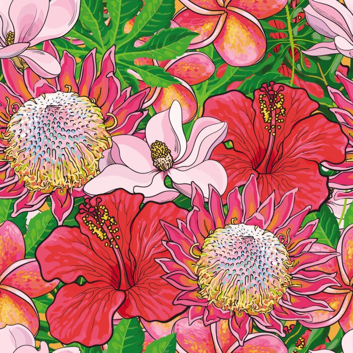 Tapete Tropical flowers seamless pattern with hand drawn exotic blooms of hibiscus, protea, magnolia and plumeria with green palm leaves. Colorful floral vector illustration in sketch style.