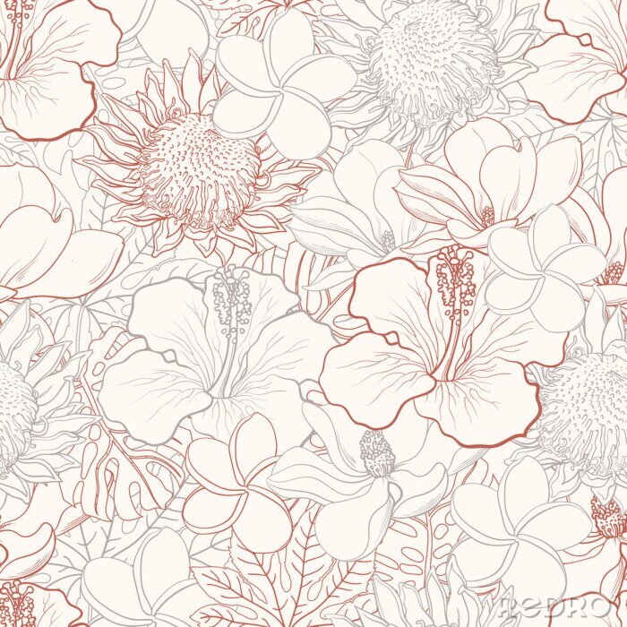 Tapete Tropical flowers seamless pattern with white hand drawn exotic blooms of hibiscus, protea, magnolia and plumeria and palm leaves with colorful line contour. Floral vector illustration in sketch style.