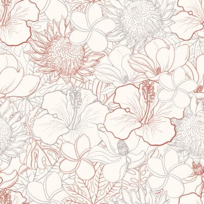 Tapete Tropical flowers seamless pattern with white hand drawn exotic blooms of hibiscus, protea, magnolia and plumeria and palm leaves with colorful line contour. Floral vector illustration in sketch style.