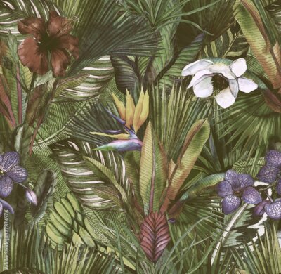 Tapete Tropical leaves hand-drawn by watercolor. Seamless tropical pattern. Stock illustration