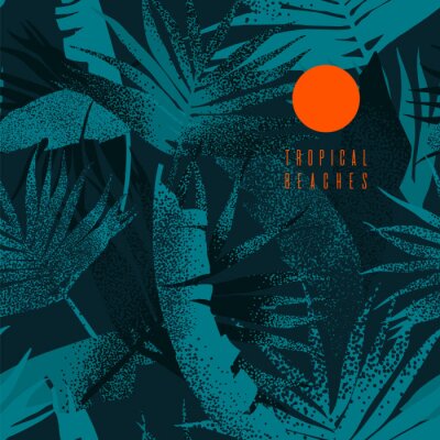 Tapete Tropical leaves pattern. Seamless texture with banana leaves and palm tree leaf. Banner for the travel and tourism industry, summer season. Dark blue floral design element.