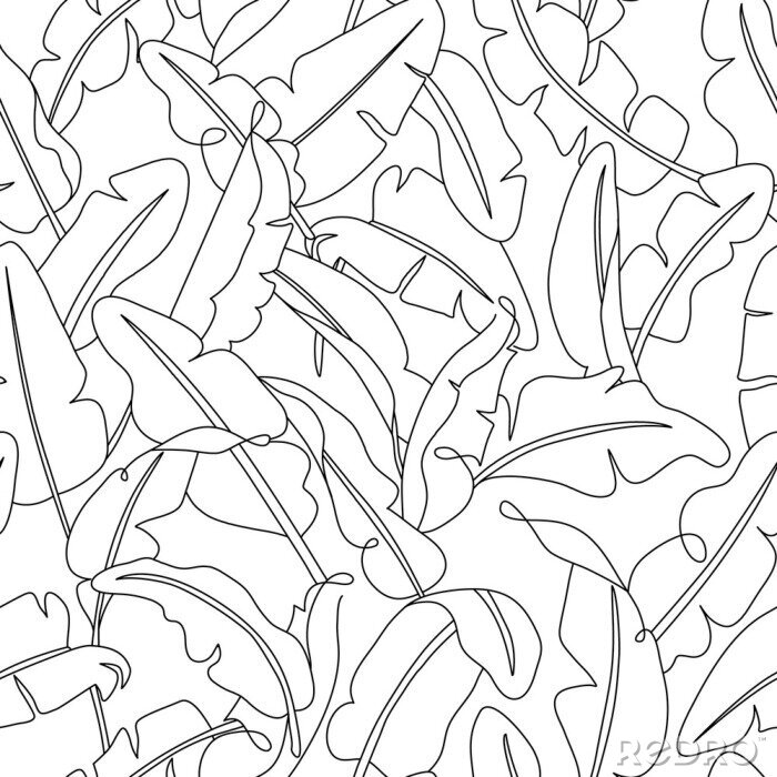 Tapete Tropical leaves seamless pattern. Hand drawn outline banana leaf background. Modern line art, aesthetic contour. Vector illustration, black and white design    