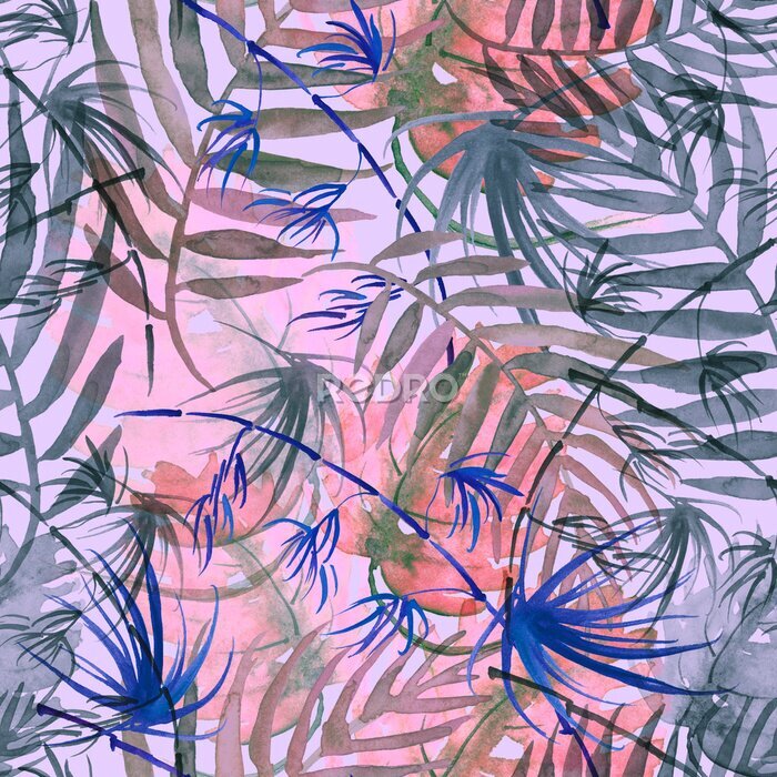 Tapete Tropical leaves.Watercolor leaves of a tree, palms, bamboo, nettle, abstract splash. Watercolor abstract seamless background, pattern, spot, splash of paint, blot, divorce, color. Tropic pattern.