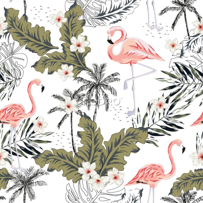Tapete Tropical pink flamingo birds, plumeria flowers, palm leaves, trees white background. Vector seamless pattern. Graphic illustration. Exotic jungle plants. Summer beach floral design. Paradise nature