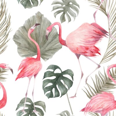 Tapete Tropical seamless pattern with flamingo and leaves. Watercolor vintage summer print. Exotic hand drawn illustration