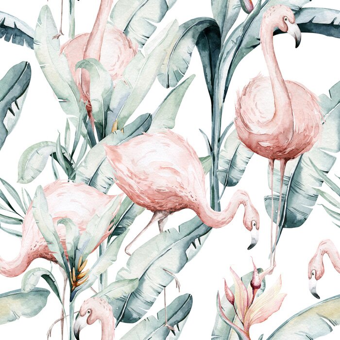 Tapete Tropical seamless pattern with flamingo. Watercolor tropic drawing, rose bird and greenery palm tree, tropic green texture, exotic flower