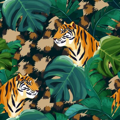 Tapete Tropical seamless pattern with tiger. Animal background. Vector illustration