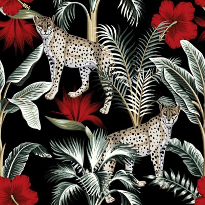 Tapete Tropical vintage botanical banana tree, palm tree, red hibiscus flower and leopard floral green palm leaves seamless pattern black background. Exotic jungle wallpaper.