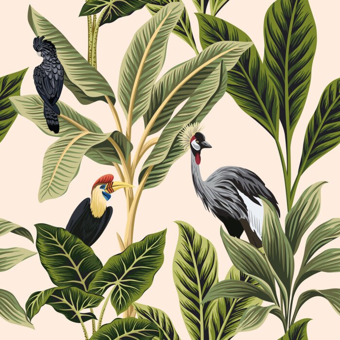 Tapete Tropical vintage botanical bird crane, parrot, palm tree, plant, banana tree floral seamless pattern pink background. Exotic jungle wallpaper.