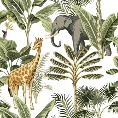 Tapete Tropical vintage elephant, giraffe wild animals, palm tree and plant floral seamless pattern white background. Exotic jungle safari wallpaper.