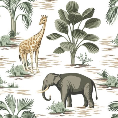 Tapete Tropical vintage elephant, giraffe wild animals, palm tree and plant floral seamless pattern white background. Exotic jungle safari wallpaper.