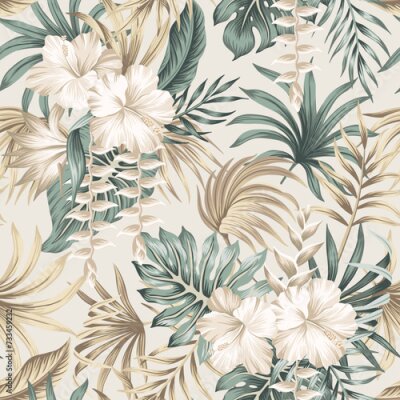 Tapete Tropical white hibiscus flower, green palm leaves seamless pattern. Exotic jungle wallpaper.	