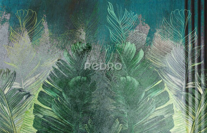 Tapete Tropische Blätter auf einem Betonhintergrund