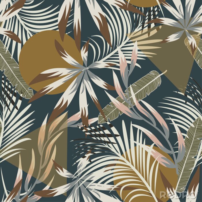 Tapete Tropische Blätter auf geometrischem Hintergrund