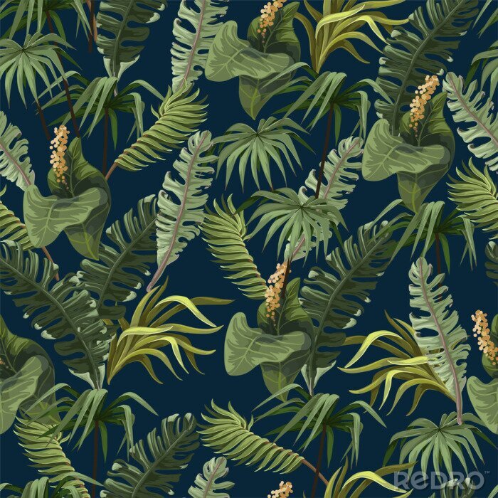 Tapete Tropische Blätter auf marineblauem Hintergrund