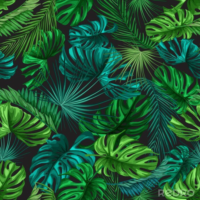 Tapete Tropische Blätter auf schwarzem Hintergrund