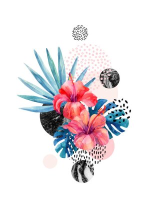 Sticker Tropische Blumen des Aquarells auf geometrischem Hintergrund mit Marmorierung, Gekritzelbeschaffenheiten