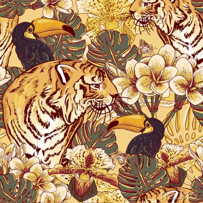 Tapete Tropische Blumen nahtlose Hintergrund mit Tiger